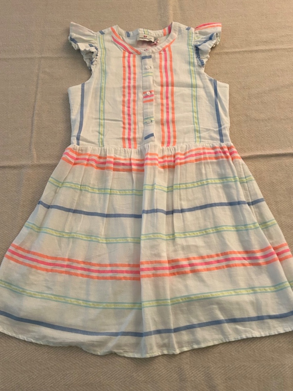 Vineyard Vines Women's Button Front, Ruffle Sleeve Neon Stripe Mini Dress - NWT